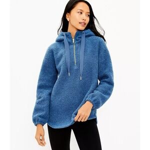 LOFT Sherpa Pullover Hoodie‎ Quarter Zip Size Small Blue Soft Cozy Gold Accents